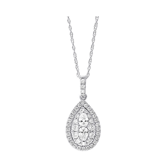 Double Pear Halo Drop Pendant Necklace with .50ctw Diamonds in 14k White Gold
