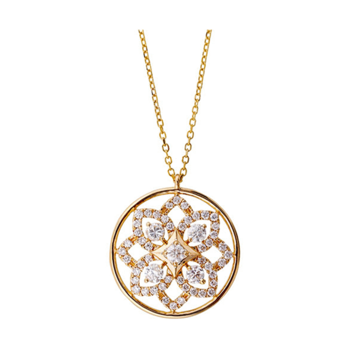 Open Circle Flower Drop Necklace with .50ctw Round Diamonds in 14k Yellow Gold