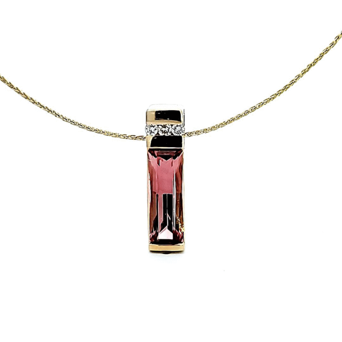 14k Yellow Gold Bar Drop Pendant with Pink Topaz and Chain