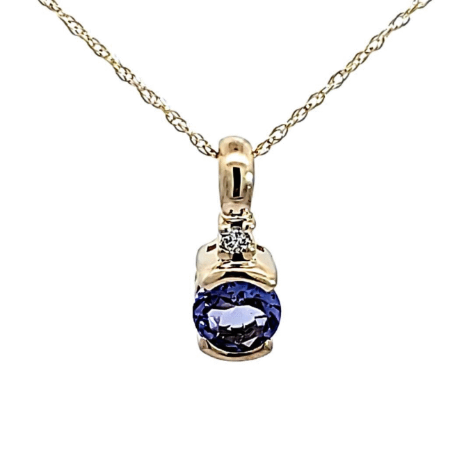 14KY Drop Pendant Necklace with Round Diamond and Tanzanite, Includes Chain