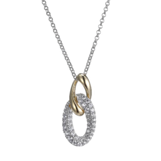 Chic drop necklace featuring CZ links on an 18" rolo chain, with 2" extension, in sterling silver and yellow gold plating.