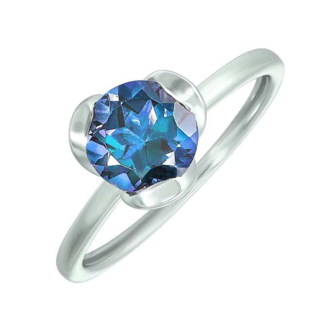 Blue Topaz and Silver Band Ring with Round Solitaire Design