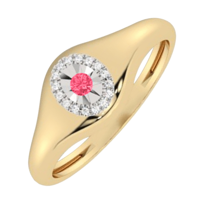 Signet Fashion Ring with Ruby and .05ctw Round Diamonds in 10k Yellow Gold