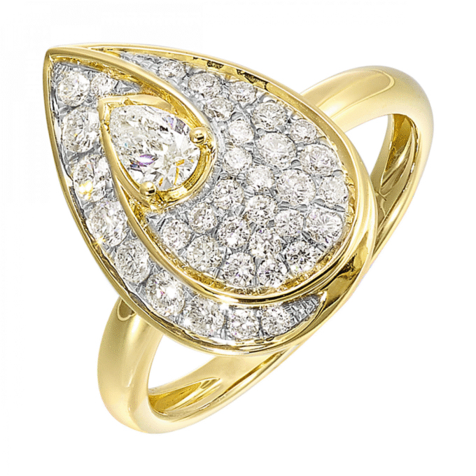 14K Yellow Gold Teardrop Fashion Ring with .75ctw Round Diamonds