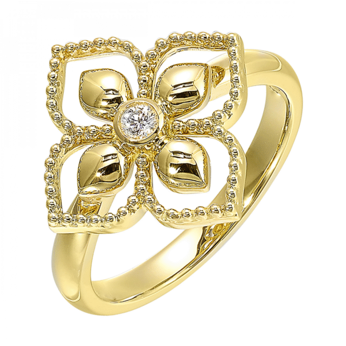 Beaded Flower Fashion Ring with .05ctw Round Diamonds in 14k Yellow Gold