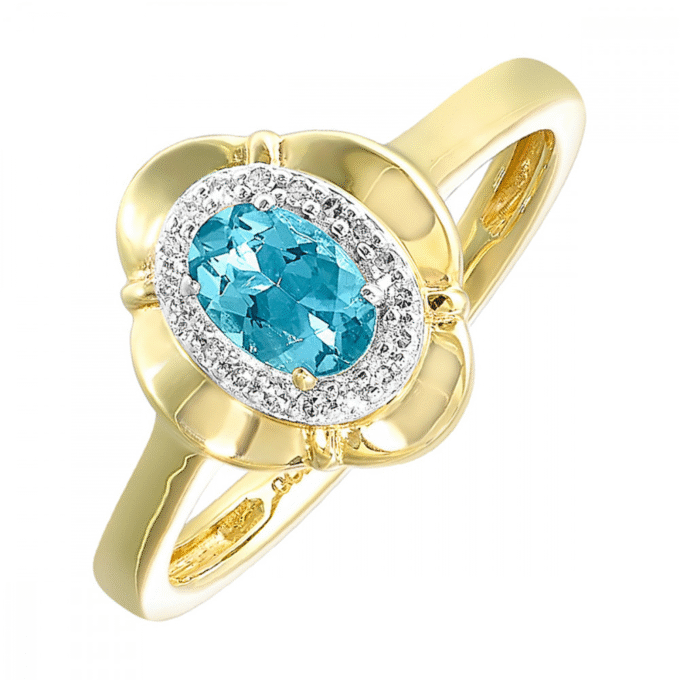 Bold Fashion Ring with .05ctw Round Diamonds and Oval Blue Topaz in 10k Yellow Gold