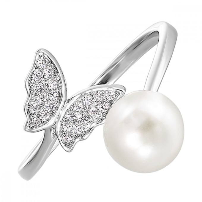Adorn your finger with this stunning fashion ring featuring a luminous pearl centerpiece, flanked by sparkling cubic zirconia butterflies. Crafted in sleek sterling silver, this design captures a delicate and whimsical charm that's perfect for everyday wear or special occasions. Elevate your accessory game with this enchanting piece.