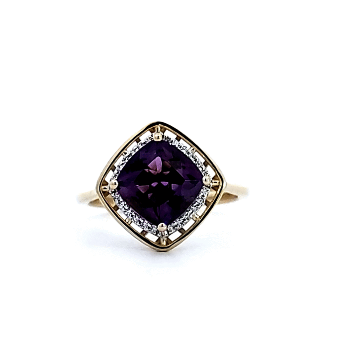 Halo Fashion Ring with .10ctw Round Diamonds and Cushion Amethyst in 10k Yellow Gold
