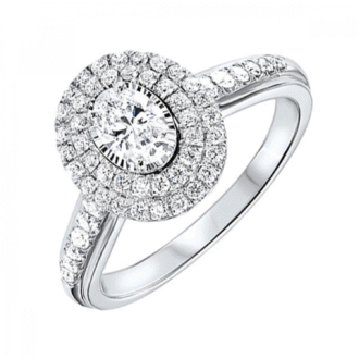 14K White Gold Double Halo Engagement Ring with 3/4ctw Oval and Round Diamonds