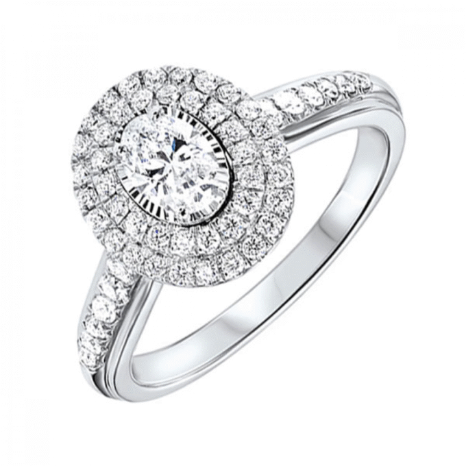 14K White Gold Double Halo Engagement Ring with 3/4ctw Oval and Round Diamonds