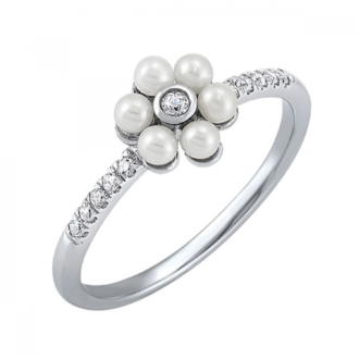 Stunning Flower Ring in 10k White Gold with 6 Freshwater Pearls and 0.10CTW of Round Diamonds