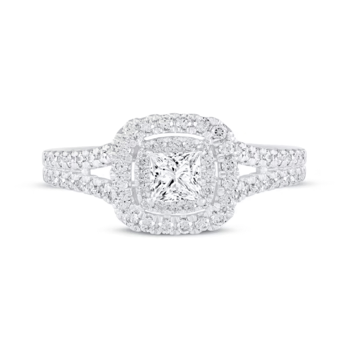 14K White Double Halo Engagement Ring with 1.25ct Round Diamond