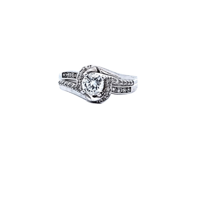 14K White Gold Bypass Halo Engagement Ring with 1ctw Round Diamonds
