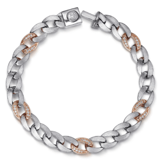 Men's Satin Diamond Cuban Link Bracelet in 14k Rose Gold and Silver, 8"