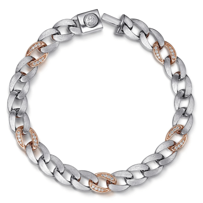 Men's Satin Diamond Cuban Link Bracelet in 14k Rose Gold and Silver, 8"