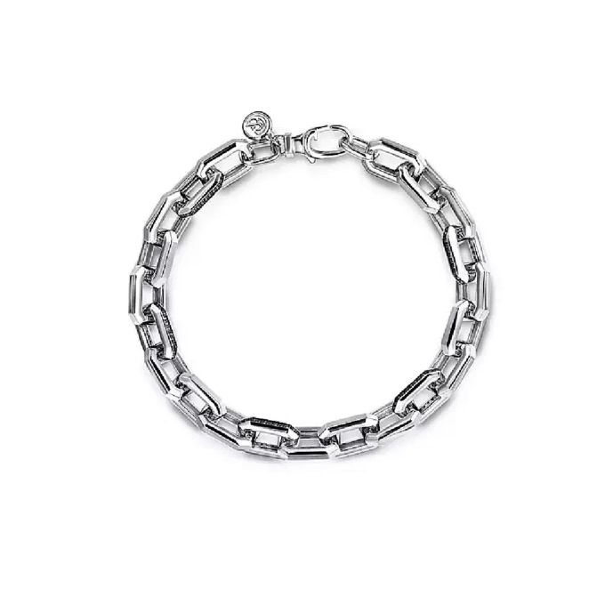 Sterling Silver Men's Faceted Chain Bracelet with Black Spinel