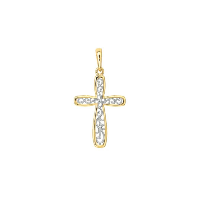 Filigree Center Cross Necklace in 14k Tri-Color Gold