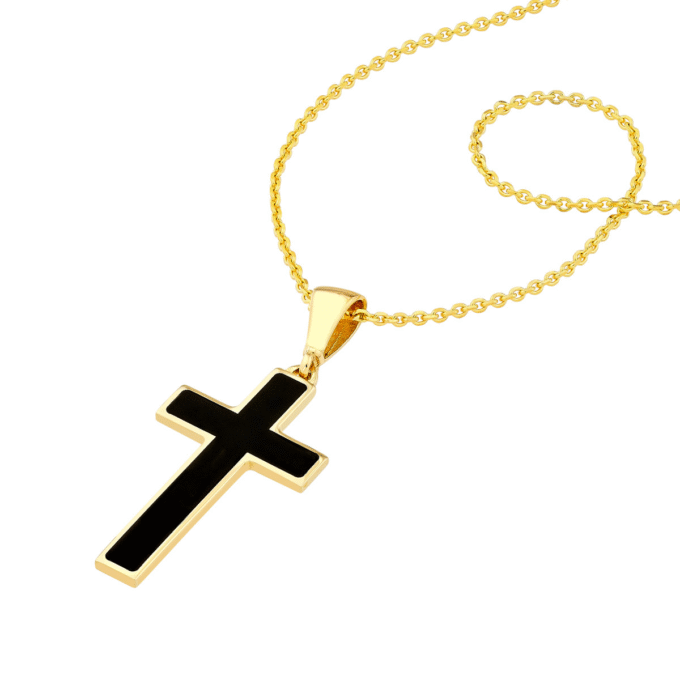 Small Black Enamel Cross Pendant with 18" Rope Chain