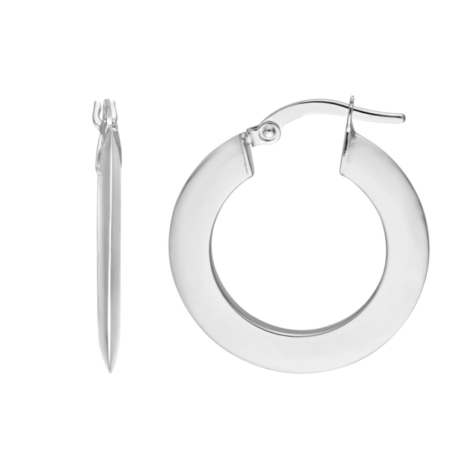 14K White Gold Triangular Tube Round Hoop Earrings 15mm