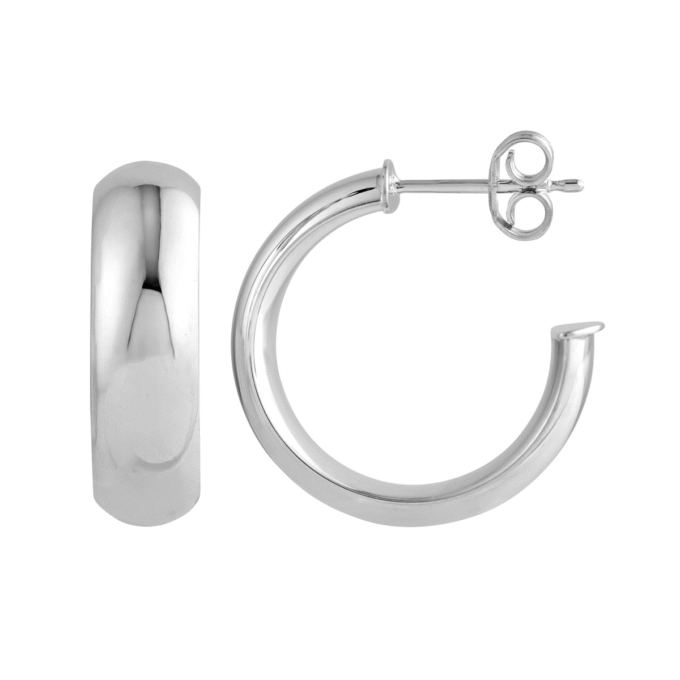 14K White Gold 15mm D-Tube Round Hoop Earrings