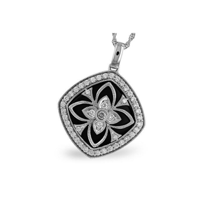 Fashion Necklace with Black Onyx and .48ctw Round Diamonds in 14k White Gold