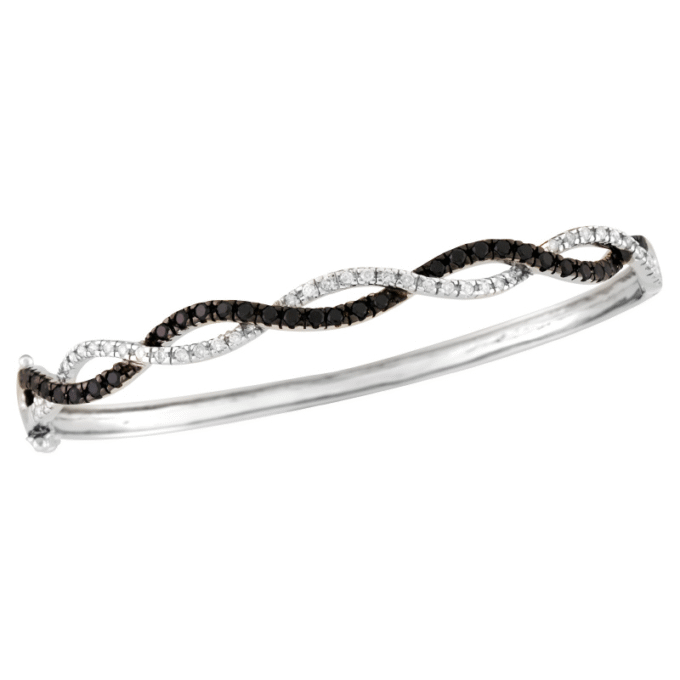 Double Row Swirl Bangle Bracelet with 1.02ctw Black and White Diamonds in 14k White Gold