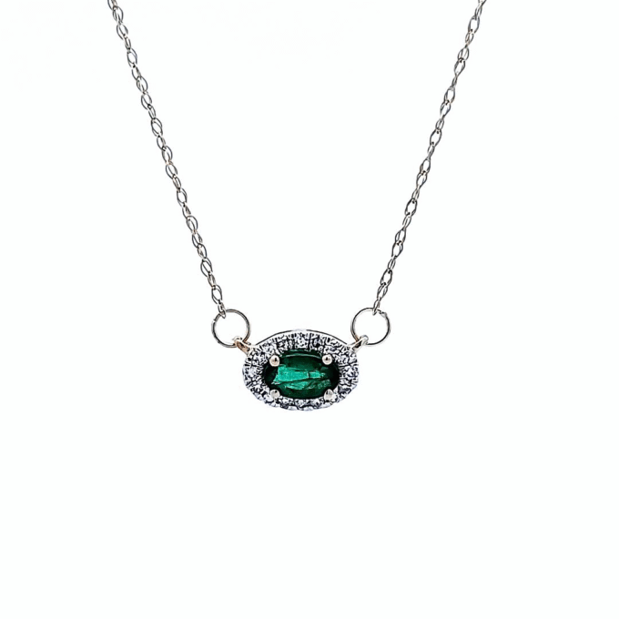 Natural Emerald Halo Pendant with .05ctw Round Diamonds in 14k Yellow Gold