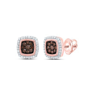 10K Yellow Gold Cushion Halo Stud Earrings with .33CTW Brown & White Diamonds