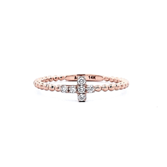 14K Gold Cross Fashion Ring with Beaded Design and 1/10ctw Diamonds