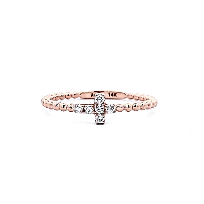 14K Gold Cross Fashion Ring with Beaded Design and 1/10ctw Diamonds