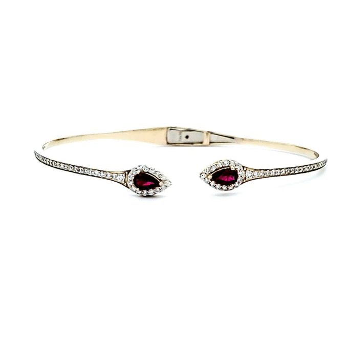 Elegant 14K Yellow Gold Hinged Bangle Bracelet with .63CTW Diamonds and 2 Natural Rubies