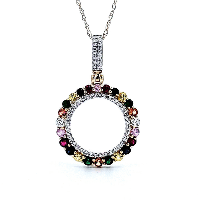 Open Circle Pendant with .20ct Round Diamonds and Natural Rainbow Sapphires in 10K Yellow Gold