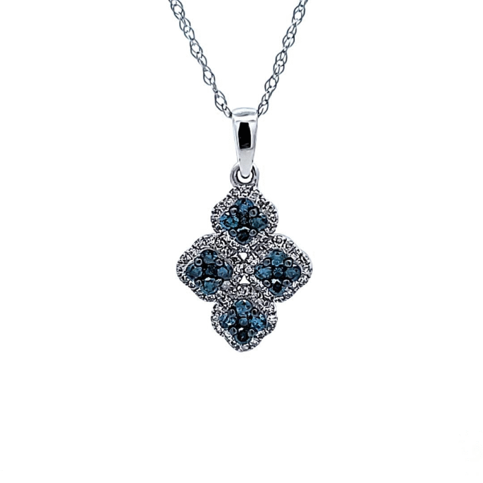 Clover Cluster Necklace with 3/8ctw Blue and White Diamonds in 10k White Gold