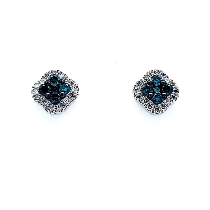 Clover Stud Earrings with .33ctw Blue and White Diamonds in 10k White Gold