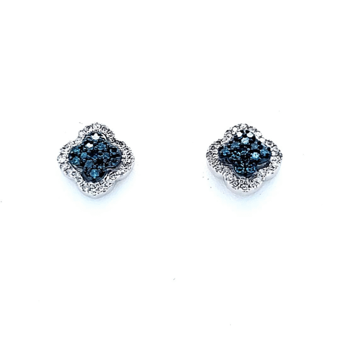Clover Stud Earrings with .20ctw Blue and White Diamonds in 10k White Gold