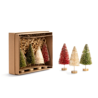 Set of 7 Mini Bottle Brush Trees in Red, White, and Green