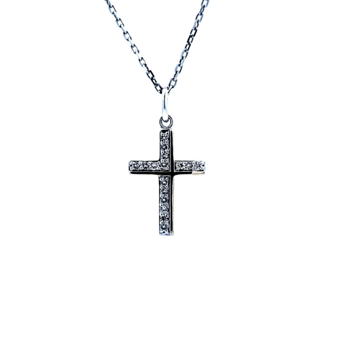 White Sapphire Cross Pendant Necklace in Silver and Two-Tone