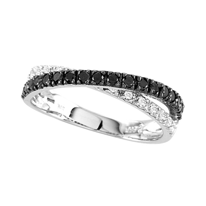 Thin Criss Cross Fashion Ring with .47ctw Black and White Diamonds in 14k White Gold