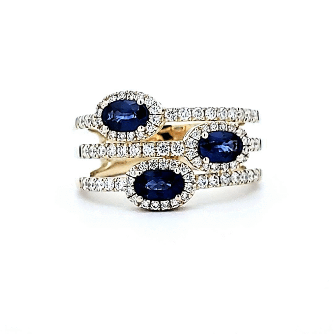 Triple Row Fashion Ring with .52ctw Round Diamonds and Sapphire in 14k Yellow Gold