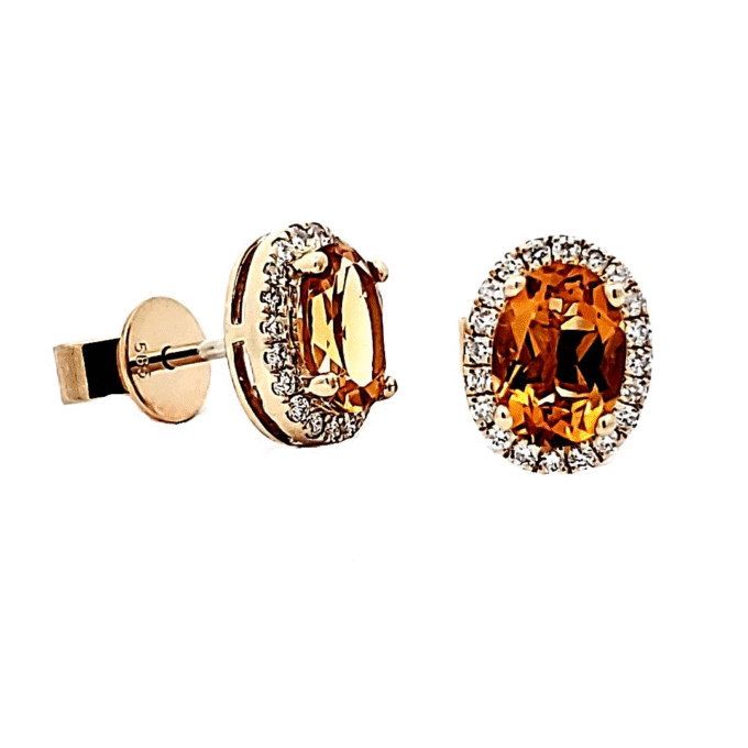 Citrine Halo Stud Earrings with .21ctw Round Diamonds in 14k Yellow Gold