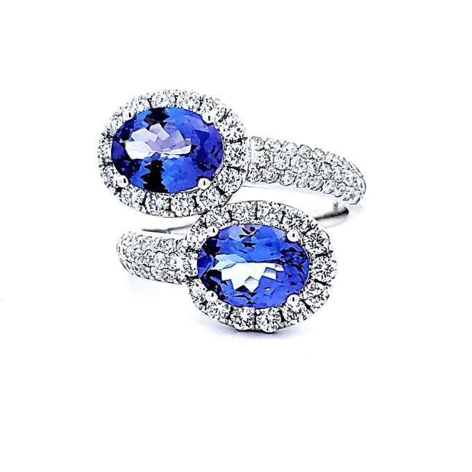 Bypass Fashion Ring with 1.32ctw Round Diamonds and Oval Tanzanites in 14k White Gold