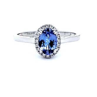 Halo Fashion Ring with 21 Round Diamonds and Oval Tanzanite in 14k White Gold