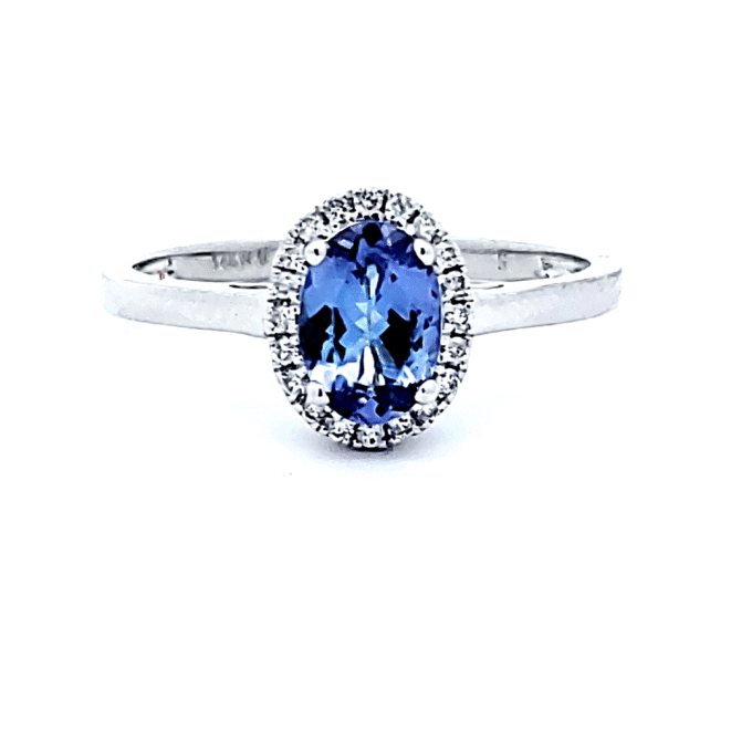 Halo Fashion Ring with 21 Round Diamonds and Oval Tanzanite in 14k White Gold