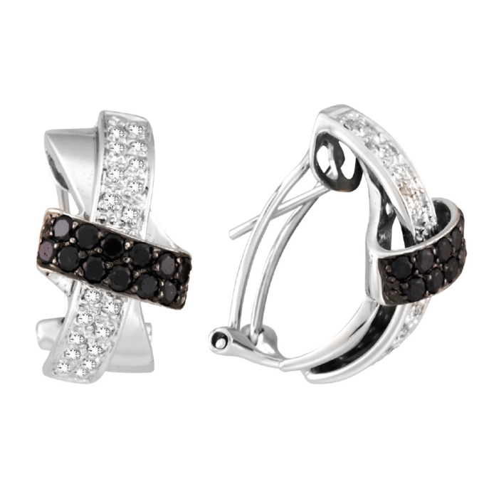 14K White Gold Criss Cross Drop Earrings with 1.31ctw Black and White Diamonds