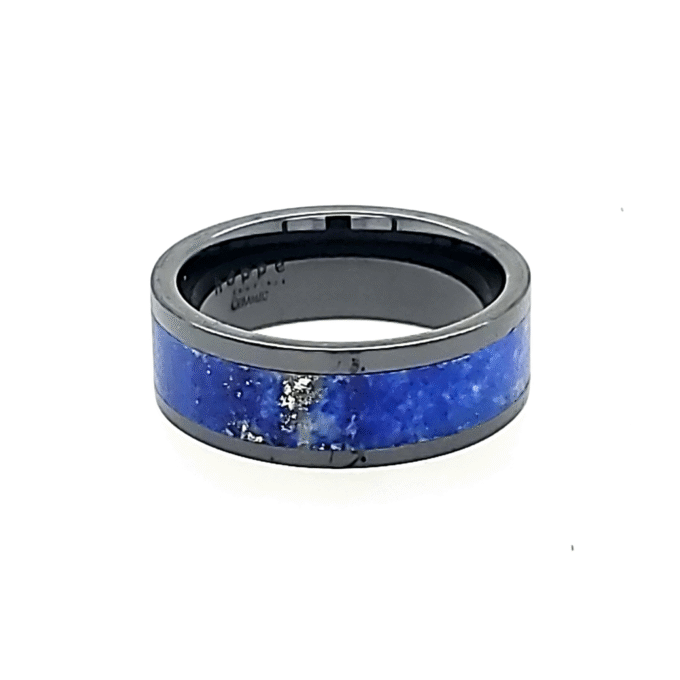 Men's 8mm Black Ceramic Wedding Band with Lapis Inlay