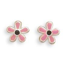 Sterling Silver Pink Enamel Flower Earrings