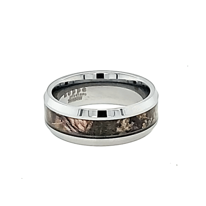 Men's 8mm Bevel Edge Wedding Band with Camo Inlay in Tungsten