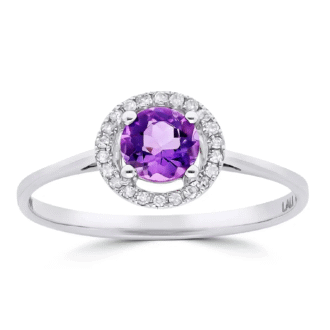 Halo Fashion Ring with Amethyst and .17ctw Round Diamonds in 14k White Gold