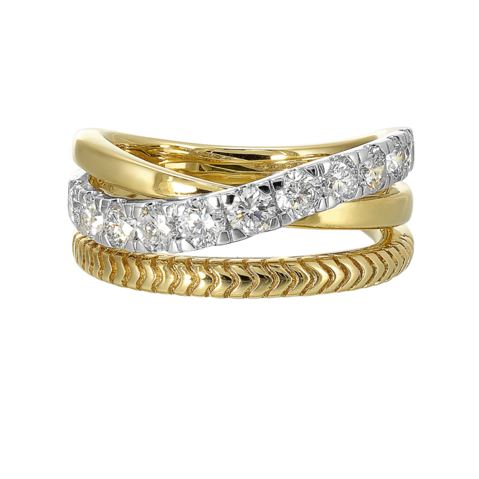 Triple Row "X" Fashion Band with 1ctw Round Lab Grown Diamonds in 14k Yellow Gold