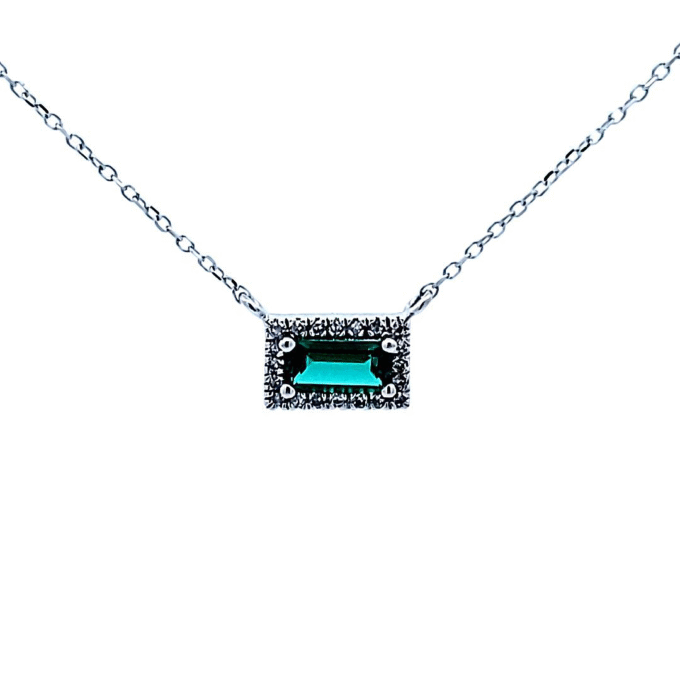 Halo Pendant with 6x3mm Cream Emerald and .06ctw Round Diamonds in 10k White Gold